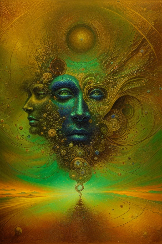 A picture of a man with faces made of different shapes, visionary art, spiritual imagination of duality, alex gray and beksinski, 8 0's Style Thomas Allen Copella, Written by Tomas Allen Kopera, psychedelic surreal art, surreal art, digital visionary art, highly detailed visionary art, hyper - detailed visionary art