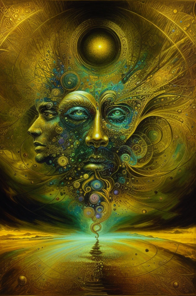 A picture of a man with faces made of different shapes, visionary art, spiritual imagination of duality, alex gray and beksinski, 8 0's Style Thomas Allen Copella, Written by Tomas Allen Kopera, psychedelic surreal art, surreal art, digital visionary art, highly detailed visionary art, hyper - detailed visionary art