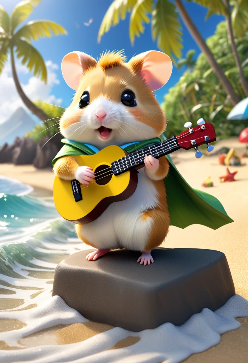 Esbian all over body、Cool hamster、Pop hamster、Diorama、Simple Background、Aloha Shirt、Playing a small ukulele、tropical、Beach Background、Cape、Best Quality, Capture the cutest moments, Depth of written boundary, Super detailed, Ultra-high resolution, Octadale, 8k, 16km race