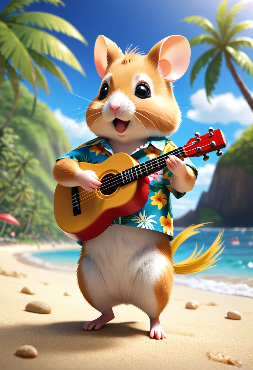 Esbian all over body、Cool hamster、Pop hamster、Diorama、Simple Background、Aloha Shirt、Playing a small ukulele、tropical、Beach Background、Cape、Best Quality, Capture the cutest moments, Depth of written boundary, Super detailed, Ultra-high resolution, Octadale, 8k, 16km race