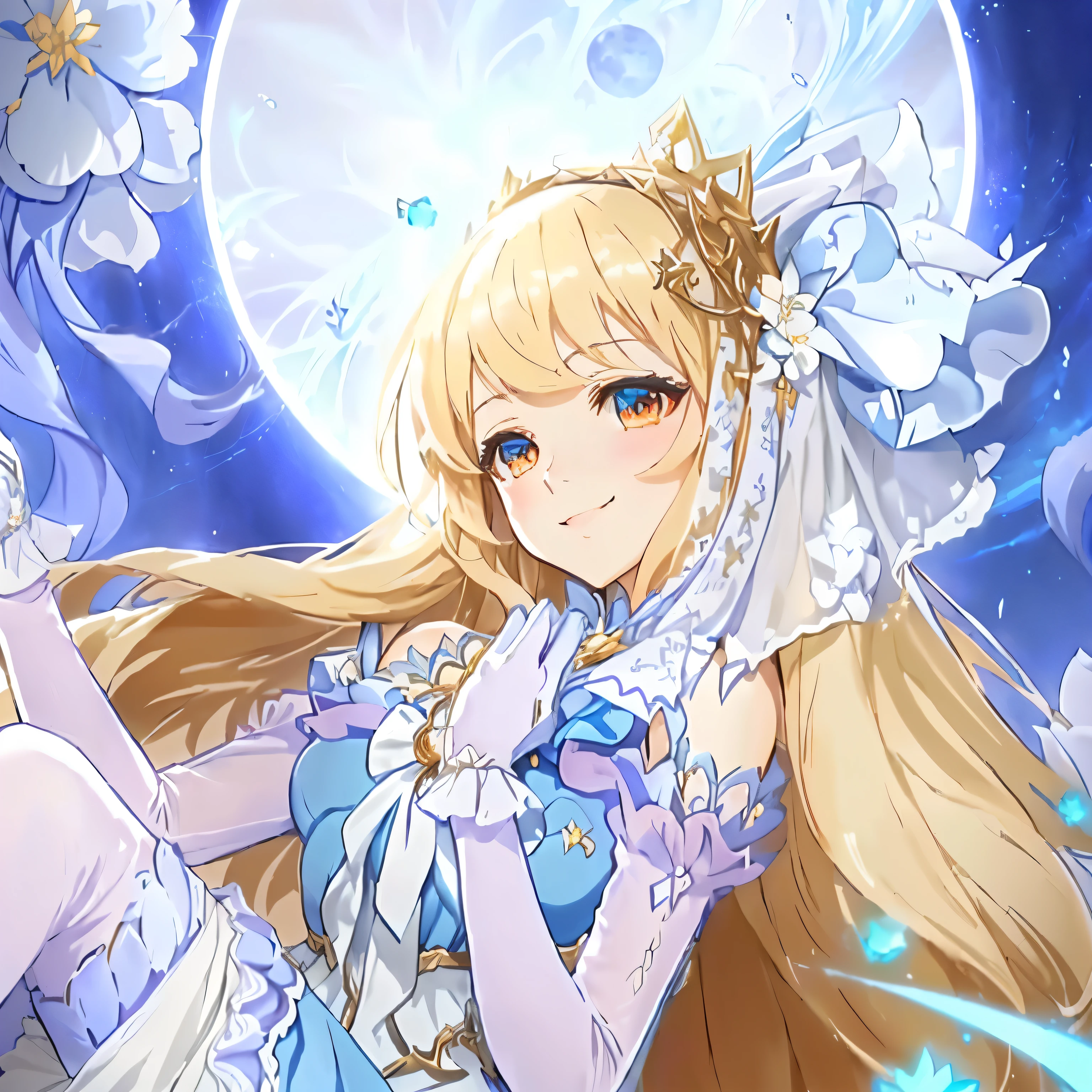Anime girl in blue dress with veil and flowers, splash anime art , high detailed official artwork, official artwork, Important Anime Art Details, beautiful heavenly mage, Kuchart Krenz Key Art Feminine, Ryas Moon, Shadowverse style, blue fantasy, , Smiling like an angel queen, Lulua Workshop, Macross Delta Splash Art