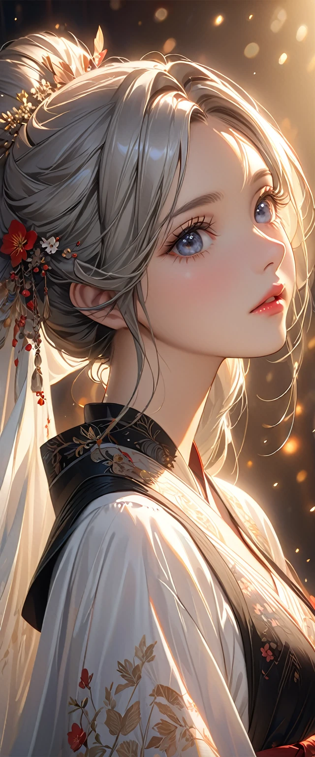 1 girl, elegant,, Exquisitely detailed face, Beautiful and detailed eyes, Beautiful and detailed lips, Very detailed目と顔, Long eyelashes, Delicate skin, Calm expression, Soft lighting, Warm tones, Intricate details, Realistic, 8k, Highest quality, masterpiece, High resolution, Very detailed, Cinema Lighting, Dramatic atmosphere、Looking Up、Black gorgeous dress、Silver Hair