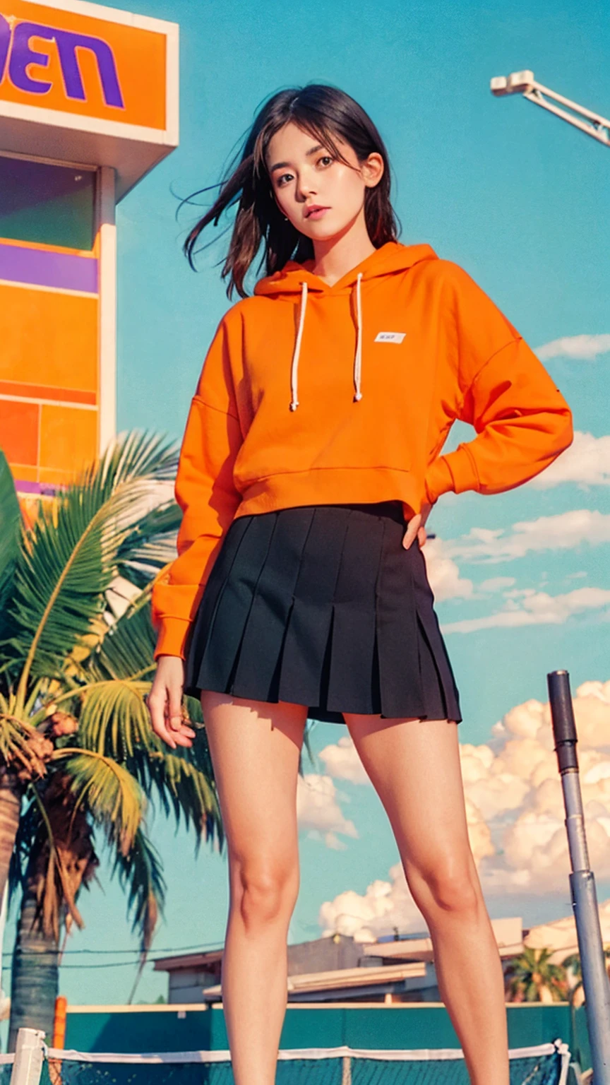 ((medium shot cimematic portrait)) one of cute 23 yo girl, natural medium breast,wear ((orange oversized_hoodie)), wear ((purple tennis skirt)),looking front,Best Quality,Masterpiece,Ultra High Resolution,(Realisticity:1.4),Original Photo, 1Girl, light leak,ultra high resolution,UHD,beautiful, (black straight hair), almond eye, no makeup, in front of ((80's colorful gas station)), (realistic:1.2), (very detailed:1.1), ((masterpiece)),summer, blue sky, palm trees,sunny, los angles vibes,film camera, 800mm lens,style of Philip Lorca diCorcia