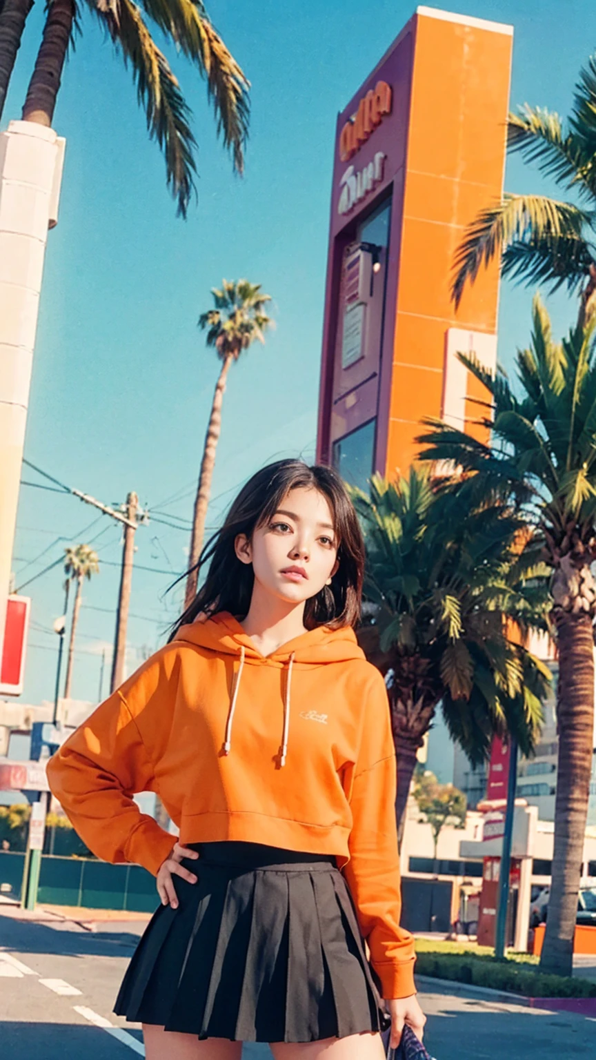 Fujifilm XT3,1 girl ,her pose exudes a sense of and joy,close up photo, wear (((color orange oversized_hoodie that covered her legs))), wear ((purple tennis skirt)),hands in hoodie pocket,looking front,Best Quality,Masterpiece,Ultra High Resolution,(Realisticity:1.4),Original Photo,light leak,ultra high resolution,UHD,beautiful, (bokeh:1)  black bob hair, almond eye, no makeup, in front of (80's mondrian architecture motel), (realistic:1.2), (surreal:1.3), (very detailed:1.1), ((masterpiece)),summer, blue sky, palm trees,sunny, los angles vibes