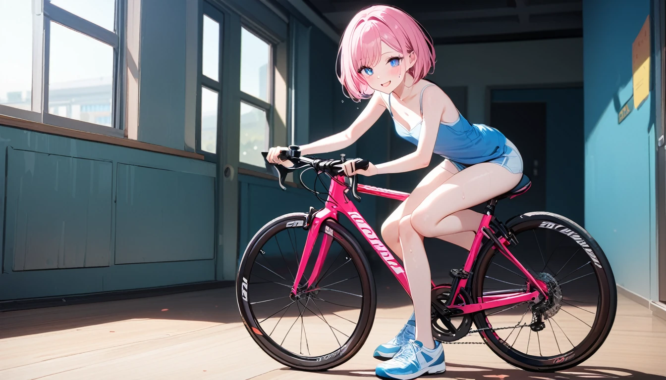 (1 girl),(Best Picture Quality, 8K, Masterpiece:1.3), (high  student:1.5), ((pink lob hair:1.1)), (bob cut),(swept bangs), (cute eyes, pupil black, iris skyblue, youthful face), (mole under right eye), (standard weight), (small breasts), (glistening skin:1.1),(pale skin:1.2),((camisole, hot pants)),(Smile),(sweat),((riding pink bicycle)),(full body).