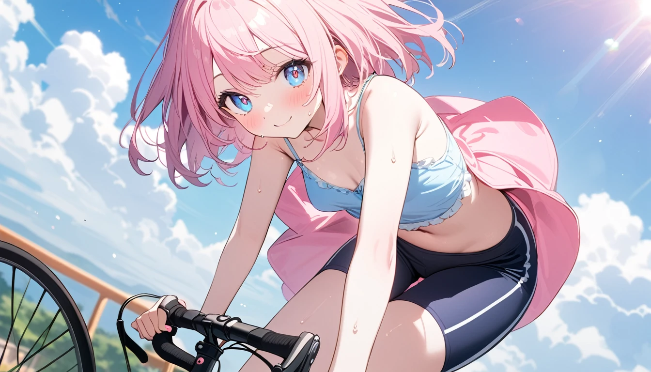 (1 girl),(Best Picture Quality, 8K, Masterpiece:1.3), (high school student:1.5), ((pink lob hair:1.1)), (bob cut),(swept bangs), (cute eyes, pupil black, iris skyblue, youthful face), (mole under right eye), (standard weight), (small breasts), (glistening skin:1.1),(pale skin:1.2),((camisole, hot pants)),(Smile),(sweat),((riding pink roadbicycle)),(full body),