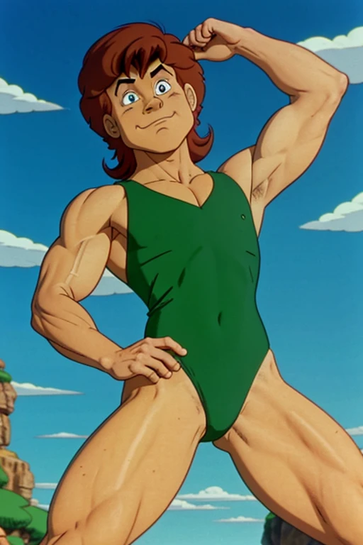 a redhead cartoon character dressed in a green leotard, very muscular, a young male wizard, 1980s cartoon, animated episode still, Presto (((mad)))