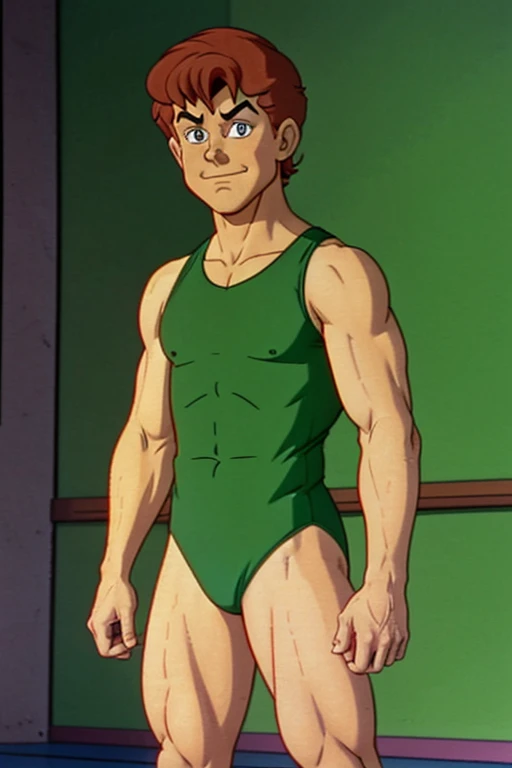a redhead cartoon character dressed in a green leotard, very muscular, a young male wizard, 1980s cartoon, animated episode still, Presto (((mad)))