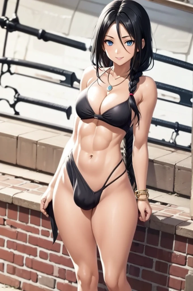 ((masterpiece)), (bestquality), ((ultra-detailed)), depth of field, (dynamic angle), (beautiful detailed blue eyes), 1woman, ((full body portrait)),((voluminous long black hair styled into one single long braid down to her waist)), perfect Body, ((medium bust, cleavage)), smiling,Beautiful woman in knit crocheet monokini, in modern infinity pool, rooftop, sunset, toned and slender body, black hair, sexy abs, cleavage, cutout monokini, bracelet, necklace, bulge,