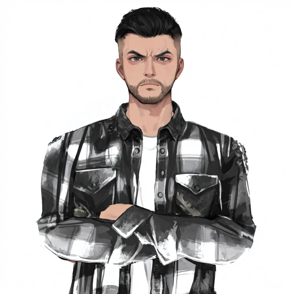 (masterpiece:1.2, best quality), (1men, solo, upper body:1.2),angry face,Hair: buzz cut,Clothing: oversized, distressed denim jacket with patches and pins, paired with black skinny jeans and combat boots, Hanging out in an underground music venue or street art exhibit