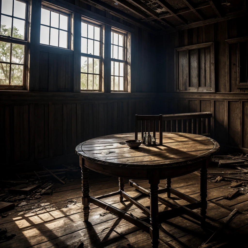 a high-detailed WWE championship title on a wooden table, abandoned and scary house interior, cobwebs, dusty and dilapidated, eerie lighting, moody atmosphere, cinematic composition, dark shadows, photorealistic, digital art