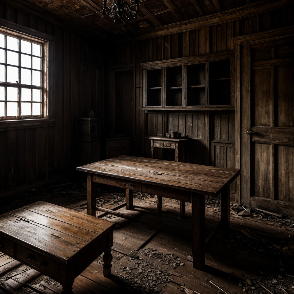 a high-detailed WWE championship title on a wooden table, abandoned and scary house interior, cobwebs, dusty and dilapidated, eerie lighting, moody atmosphere, cinematic composition, dark shadows, photorealistic, digital art