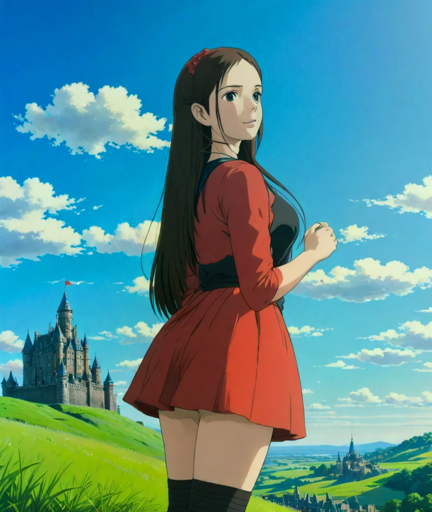 Anime girl in red dress standing in front of a castle - SeaArt AI