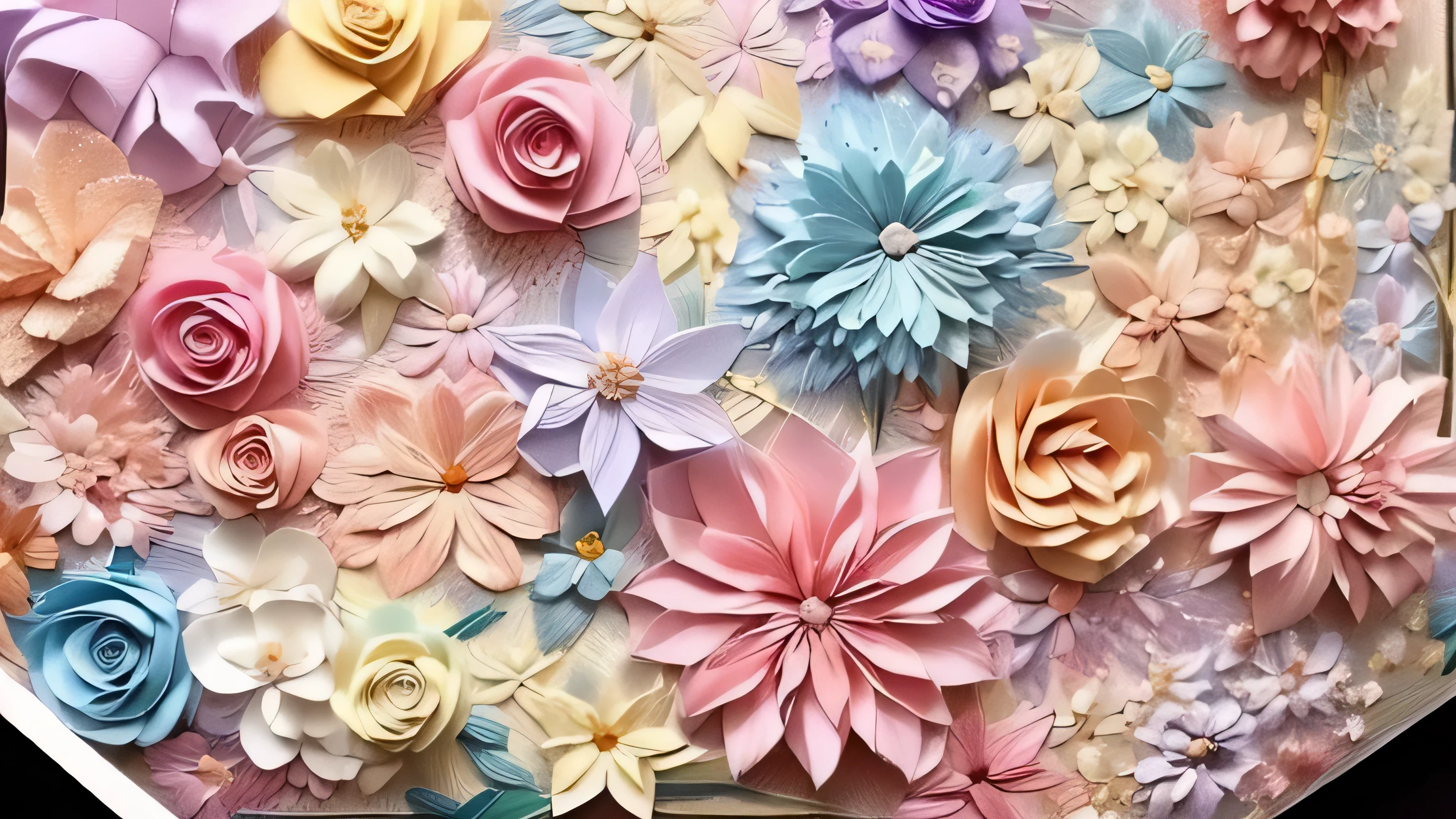 There are many different colored paper flowers on the wall, paper art, Paper origami flowers, Paper decoration, Pastel colorful 3d, detailed flowers, papercraft, Pastel, made of paper, Soft colors, Soft colors, in Soft colors, Roll paper, multi Soft colors, Floral Decoration, Soft tones, Pastel colors, soft Soft colors, Pastel colours