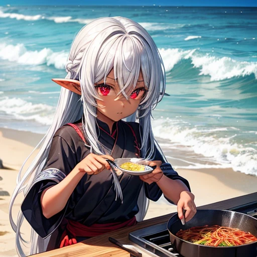 expensive、A slim, dark-skinned elf with long silver hair tied back.。
- Sharp red eyes、Always keep a calm expression。
Cooking yakisoba at the beach