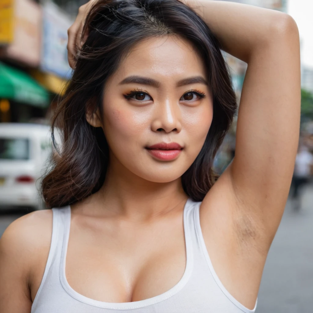 (masterpiece), best quality, expressive eyes, perfect face ,A busty thai beautiful woman wears a sleeveless shirt and waves her arms. She has armpit hair ,street background, close up shot