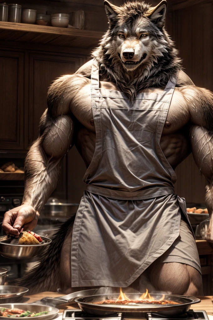 wolf, male, all body, sweating, semen, realistic, (full nude, only Clear vinyl apron, relaxing penis, cooking, )