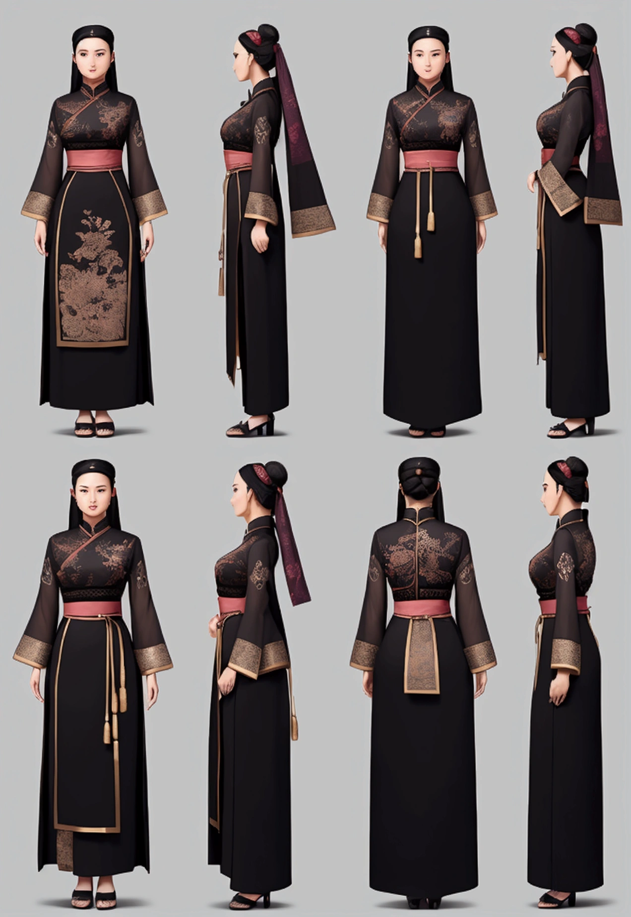 Create a practical yet refined outfit for commoners in a society inspired by ancient Chinese with Malaysia Kebaya clothing influences. The clothing should be made from durable, comfortable materials and feature simple yet elegant designs. Utilize shades of black and incorporate triangular motifs in the patterns and embroidery. The outfit should blend the functionality of chinese workwear with the flowing lines of Malaysia Kebaya attire. Accessories should be minimal but functional, such as sashes, simple jewelry, and headbands. The overall look should reflect the commoners' respect for strength and honor, while being suitable for daily activities. reference sheet, character chart, (((three-sided view, front front view, side view, back view, multiple views, multiple poses and expressions, many parts))), give space to each view, 8K resolution, high details, high quality, highres, anatomically correct