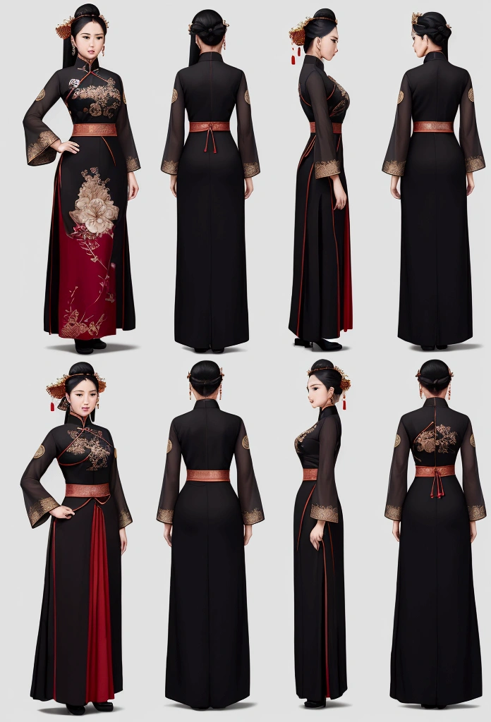 Create a practical yet refined outfit for commoners in a society inspired by ancient Chinese with Malaysia Kebaya clothing influences. The clothing should be made from durable, comfortable materials and feature simple yet elegant designs. Utilize shades of black and incorporate triangular motifs in the patterns and embroidery. The outfit should blend the functionality of chinese workwear with the flowing lines of Malaysia Kebaya attire. Accessories should be minimal but functional, such as sashes, simple jewelry, and headbands. The overall look should reflect the commoners' respect for strength and honor, while being suitable for daily activities. reference sheet, character chart, (((three-sided view, front front view, side view, back view, multiple views, multiple poses and expressions, many parts))), give space to each view, 8K resolution, high details, high quality, highres, anatomically correct