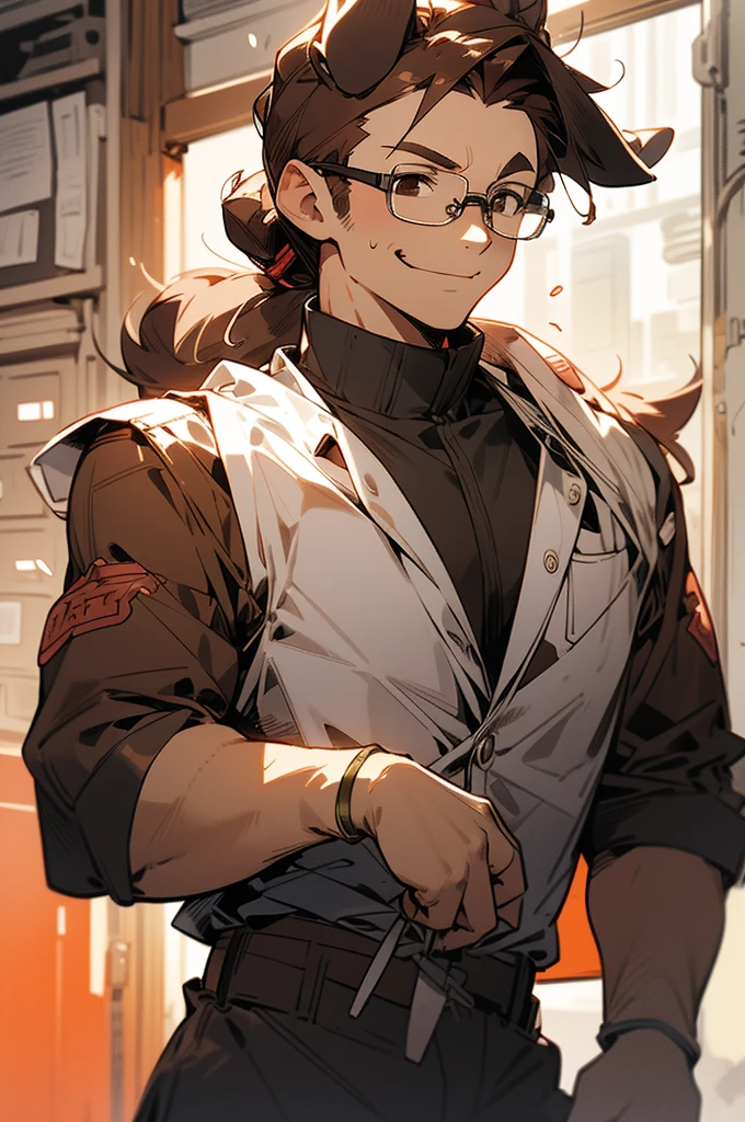 muscular, glasses, brown hair, glasses, smirk, school background, upper body, man bun, brown eyes, cowboy shot, dog human,dog tail, dog ears,