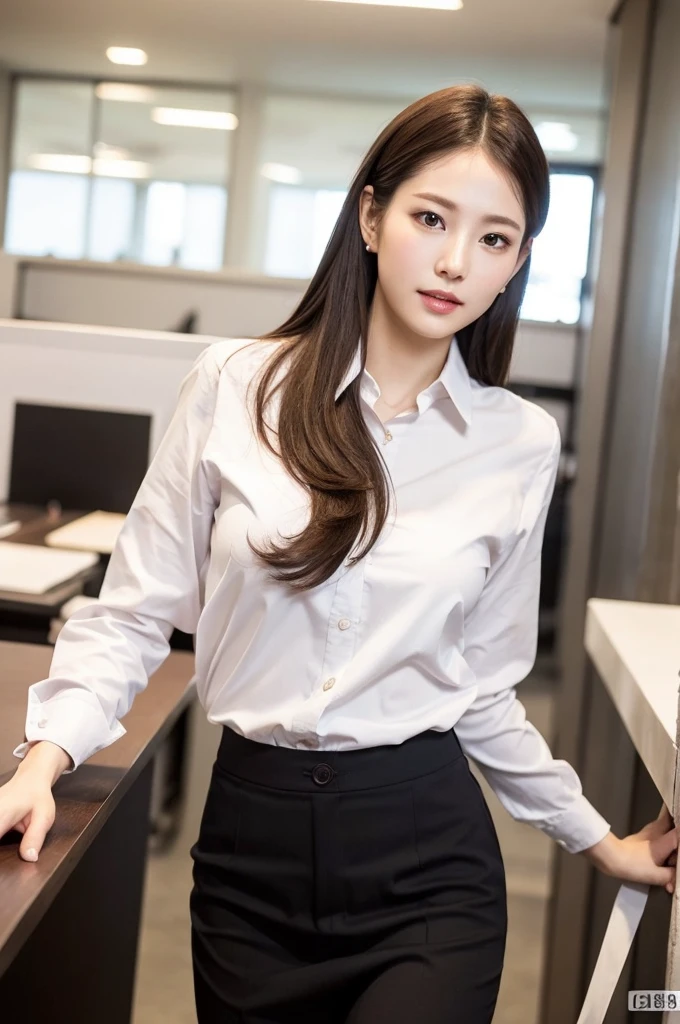 Mature Young,Office Clothes,Erotic style,very cute,whole body,Beautiful and soft skin、Perfect Face、Perfect Face,Gorgeous long brown hair,8k resolution,Ultra-realistic,Very detailed,high quality,Fashionable erotic beautiful immature woman ,(Look at the viewers)