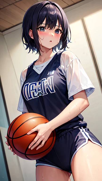 ((Highest quality)), ((masterpiece)), (detailed), One girl, basketball、（（shoot、ダンクshoot））、（One-handed dunk）、Slam Dunk、Black Hair、Shortcuts、basketballコート、indoor、gym、From above、Uplifting、（（Japanese、high school girl））Slam the ball into the goal、Sweat、飛び散るSweat、Wet、Super Jump、Jumping pretty high、