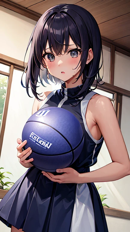 ((Highest quality)), ((masterpiece)), (detailed), One girl, basketball、（（shoot、ダンクshoot））、（One-handed dunk）、Slam Dunk、Black Hair、Shortcuts、basketballコート、indoor、gym、From above、Uplifting、（（Japanese、high school girl））Slam the ball into the goal、Sweat、飛び散るSweat、Wet、Super Jump、Jumping pretty high、
