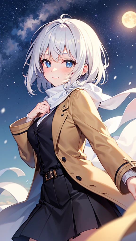 {1girl}, {solo}, illustration, [[{smile}]], {{{{best quality}}}}, {{{dynamic angle}}}, {{{snow}}}, white hair, short hair, {{{beautiful night sky}}}, {{{{masterpiece}}}}, {{{dynamic hair}}}, {{{dynamic pose}}}, {{blushing}}, {moon}, {{{beautiful detailed hands}}}, {{star (sky)}}, hyper detailed, milky way}, white_sweater, medium breasts, brown_coat, white_scarf, {{{beautiful detaild snow}}}, {city}, {{{blue eyes}}},