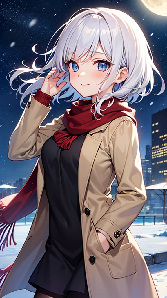 {1girl}, {solo}, illustration, [[{smile}]], {{{{best quality}}}}, {{{dynamic angle}}}, {{{snow}}}, white hair, short hair, {{{beautiful night sky}}}, {{{{masterpiece}}}}, {{{dynamic hair}}}, {{{dynamic pose}}}, {{blushing}}, {moon}, {{{beautiful detailed hands}}}, {{star (sky)}}, hyper detailed, milky way}, white_sweater, medium breasts, brown_coat, white_scarf, {{{beautiful detaild snow}}}, {city}, {{{blue eyes}}},