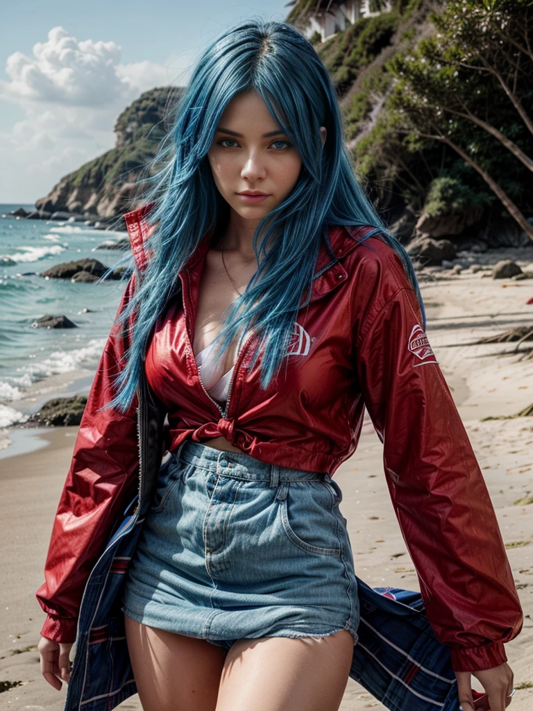 Blue hair, red eyes, wearing red clothes, realistic style, bright style, ultra high details, on the beach