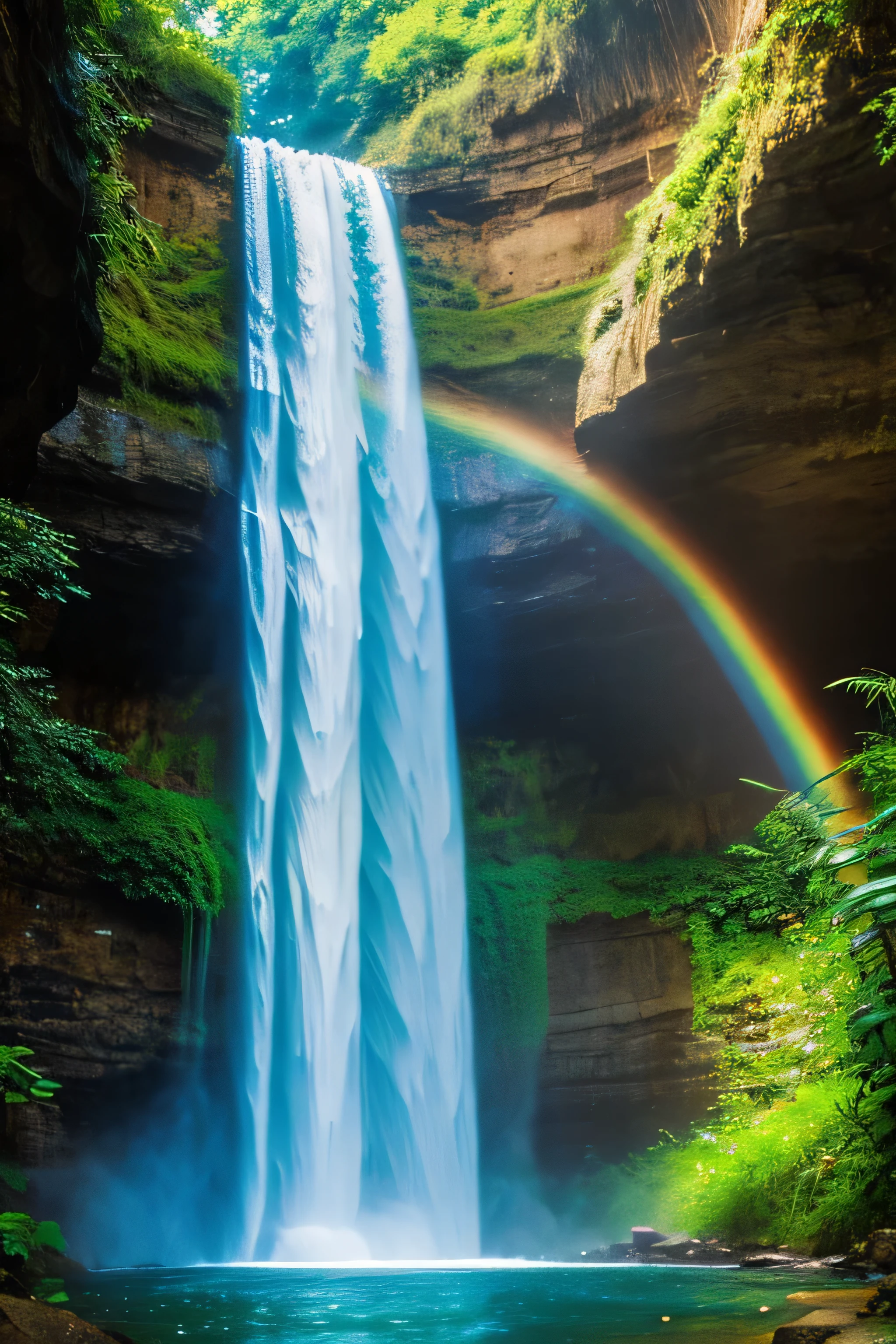 A rainbow over a waterfall surrounded by lush vegetation