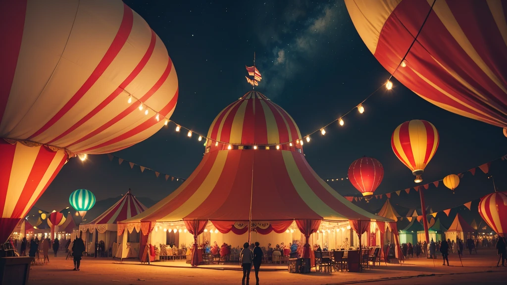 a night circus scene, white and red circus tents, hot air balloons, theatrical lighting, neon lights, detailed circus performers, acrobats, clowns, animal tamers, tightrope walkers, detailed textures, (best quality,4k,8k,highres,masterpiece:1.2),ultra-detailed,(realistic,photorealistic,photo-realistic:1.37),cinematic lighting,dramatic lighting,vivid colors,dramatic colors,intricate details