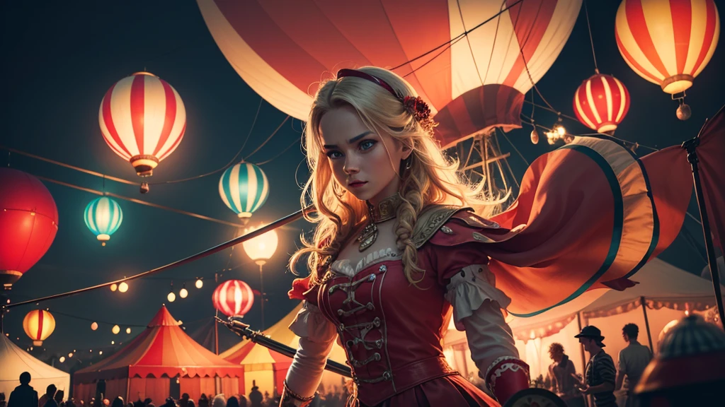 a night circus scene, white and red circus tents, hot air balloons, theatrical lighting, neon lights, detailed circus performers, acrobats, clowns, animal tamers, tightrope walkers, detailed textures, (best quality,4k,8k,highres,masterpiece:1.2),ultra-detailed,(realistic,photorealistic,photo-realistic:1.37),cinematic lighting,dramatic lighting,vivid colors,dramatic colors,intricate details