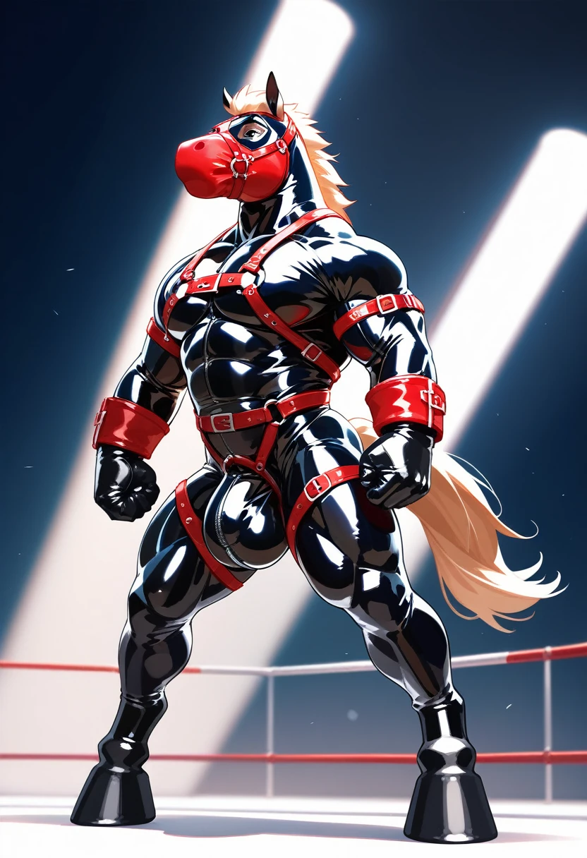 Highest quality, Highest quality, High quality illustrations, masterpiece, Ultra-high resolution, Detailed Background, horse小屋の中, Absurd, Perfect Anatomy, performance, Good lighting, Shadows in the movies(kemono, Furry Personifi猫ion), horse, Muscle Body, Rubber Suit, Bodysuits, Red harness, Rubber mask, Hoof Gloves, big null bulge, From the side