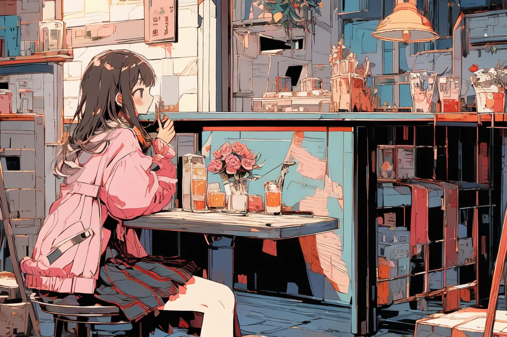(masterpiece:1.2)、Highest quality、PIXIV、flot、 1girl, A woman、solo, Sitting, Long Hair, flower, Chair, Food, ピンクのflower, cup, Keep, Long sleeve, ピンクのskirt, Rose, skirt, Jacket, Grey Hair, surface, Pink Roses, Indoors, blush, bangs, factory, Keepcup, のJacket, profile, coat, 長いskirt, flower瓶