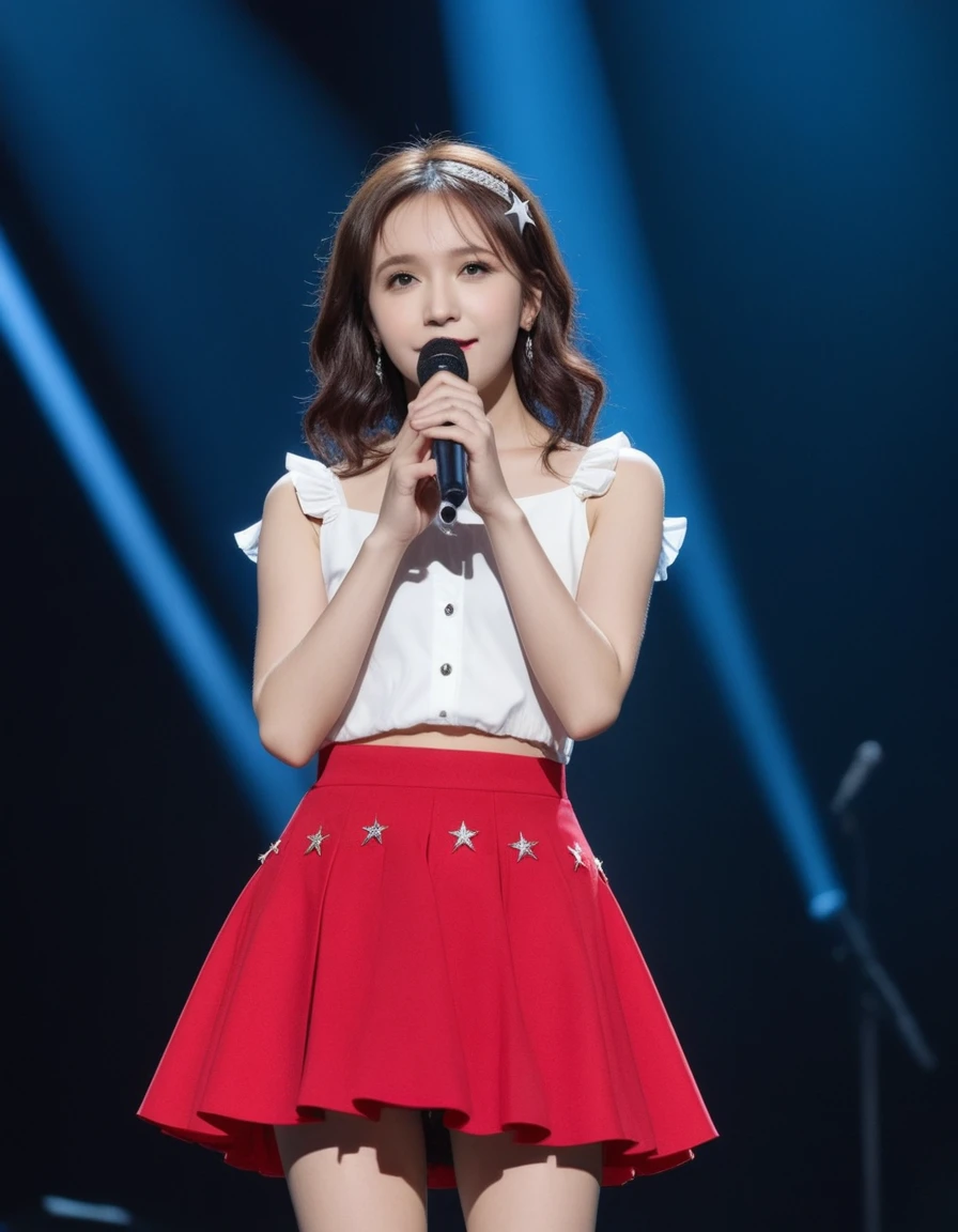 1 Girl, Solitary, best quality, masterpiece , Hoshino Ruby (Ruby Hoshino),  Hair accessories, Sparkling eyes, Stars on the eyes, (There is a star in the right eye:1), (skirt:1.4), (Concert 1), on stage,