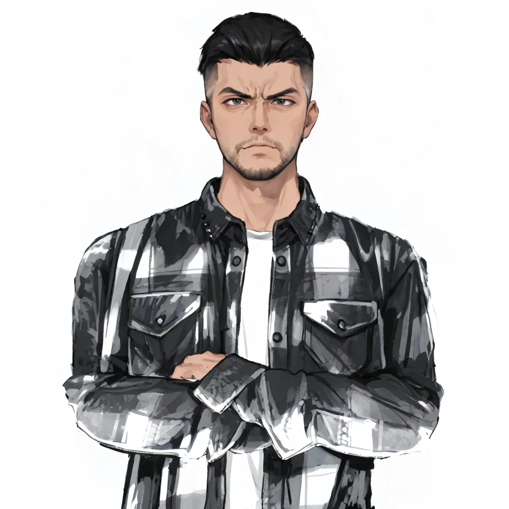 (masterpiece:1.2, best quality), (1men, solo, upper body:1.2),angry face,Hair: buzz cut,Clothing: oversized, distressed denim jacket with patches and pins, paired with black skinny jeans and combat boots, Hanging out in an underground music venue or street art exhibit