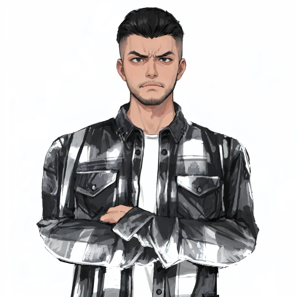 (masterpiece:1.2, best quality), (1men, solo, upper body:1.2),angry face,Hair: buzz cut,Clothing: oversized, distressed denim jacket with patches and pins, paired with black skinny jeans and combat boots, Hanging out in an underground music venue or street art exhibit
