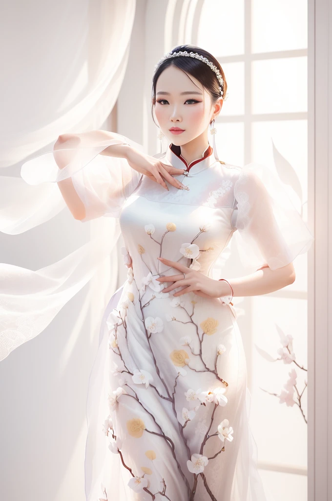there is a woman in a white dress posing for a picture, ao dai, cheongsam, inspired by Dai Xi, chinese dress, wearing organza gown, in style of lam manh, sha xi, flowing sakura silk, with acient chinese clothes, chinese style, white hanfu, chinese costume, inspired by Huang Ji, inspired by Xie Huan