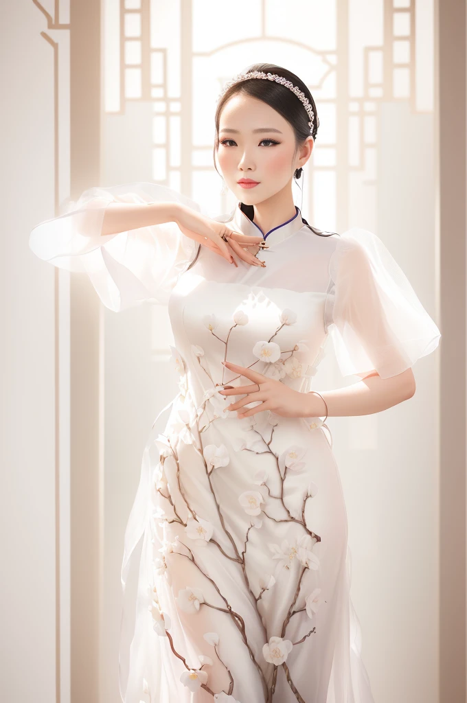 there is a woman in a white dress posing for a picture, ao dai, cheongsam, inspired by Dai Xi, chinese dress, wearing organza gown, in style of lam manh, sha xi, flowing sakura silk, with acient chinese clothes, chinese style, white hanfu, chinese costume, inspired by Huang Ji, inspired by Xie Huan