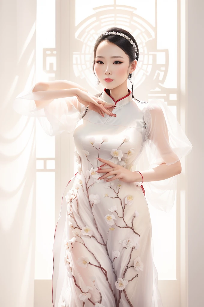 there is a woman in a white dress posing for a picture, ao dai, cheongsam, inspired by Dai Xi, chinese dress, wearing organza gown, in style of lam manh, sha xi, flowing sakura silk, with acient chinese clothes, chinese style, white hanfu, chinese costume, inspired by Huang Ji, inspired by Xie Huan
