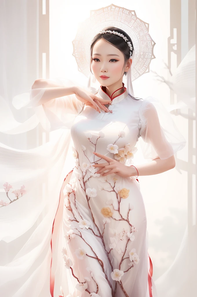 there is a woman in a white dress posing for a picture, ao dai, cheongsam, inspired by Dai Xi, chinese dress, wearing organza gown, in style of lam manh, sha xi, flowing sakura silk, with acient chinese clothes, chinese style, white hanfu, chinese costume, inspired by Huang Ji, inspired by Xie Huan