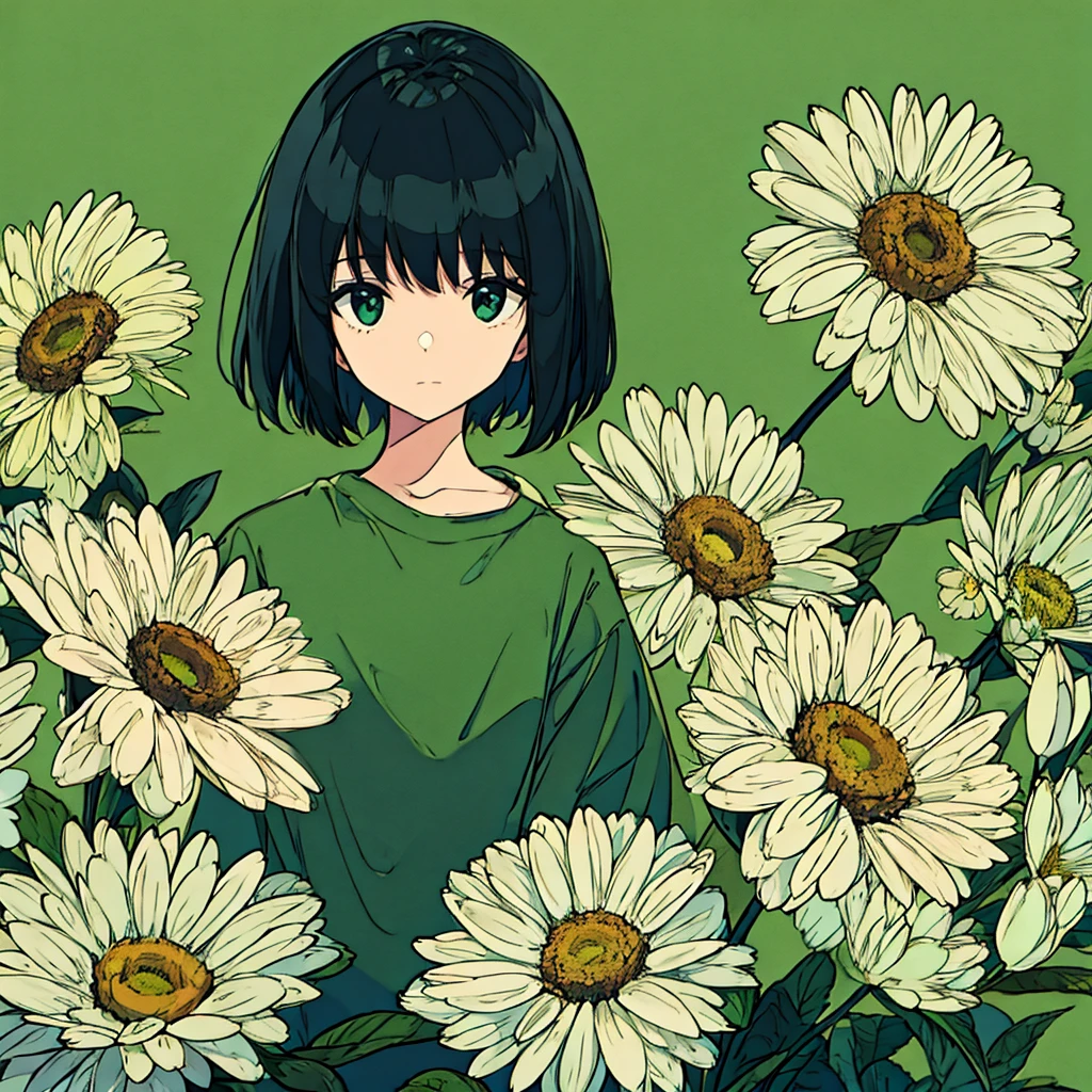 Green background, plain, simple, woman, flower