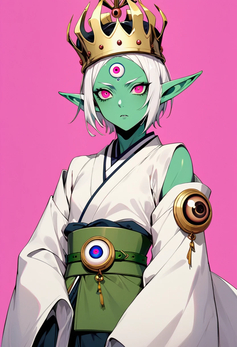 Japanese Anime，Second Dimension，Horror style，horror character，(((Three-eyed boy，独奏，third eye on the forehead，Dark eyeshadow，White short hair，Elf ears，Green Skin，Exaggerated golden crown-eyeball decoration))),(((Japanese clothing))).(((Thin waist，Green belt：1.6))).Pure pink background