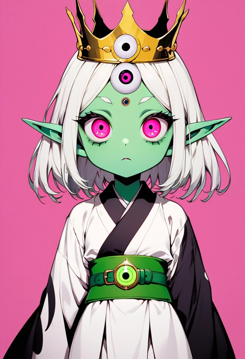 Japanese Anime,Second Dimension,Horror style,horror character,(((Three-eyed boy,独奏,third eye on the forehead,Dark eyeshadow,White short hair,Elf ears,Green Skin,Exaggerated golden crown-eyeball decoration))),(((Japanese clothing))).(((Thin waist,Green belt:1.6))).Pure pink background