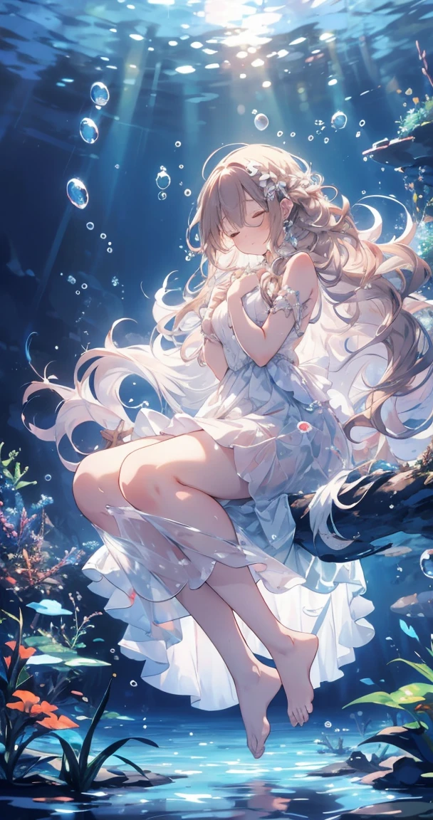 an artwork of a woman in white skirt and flowing white hair under water, 1 girl, skirt, Underwater, solitary, Long hair, Close your eyes, Brown hair, air bubble, barefoot, bubble