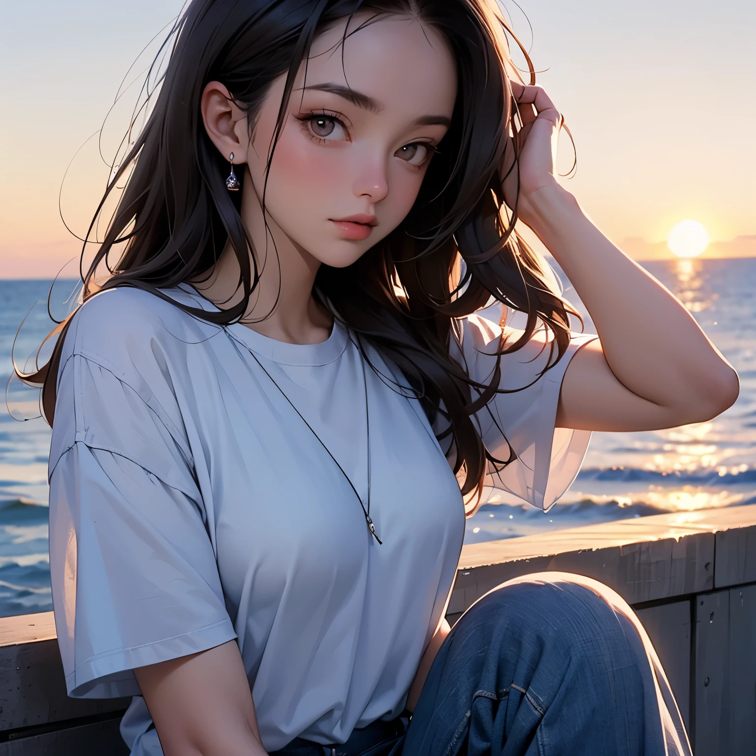Upper body close-up image.A beautiful woman. Twenty years old. Dark brown hair. She is wearing a T-shirt and blue jeans. She is sitting on the breakwater in the twilight. The summer setting sun illuminates her face. A masterpiece.