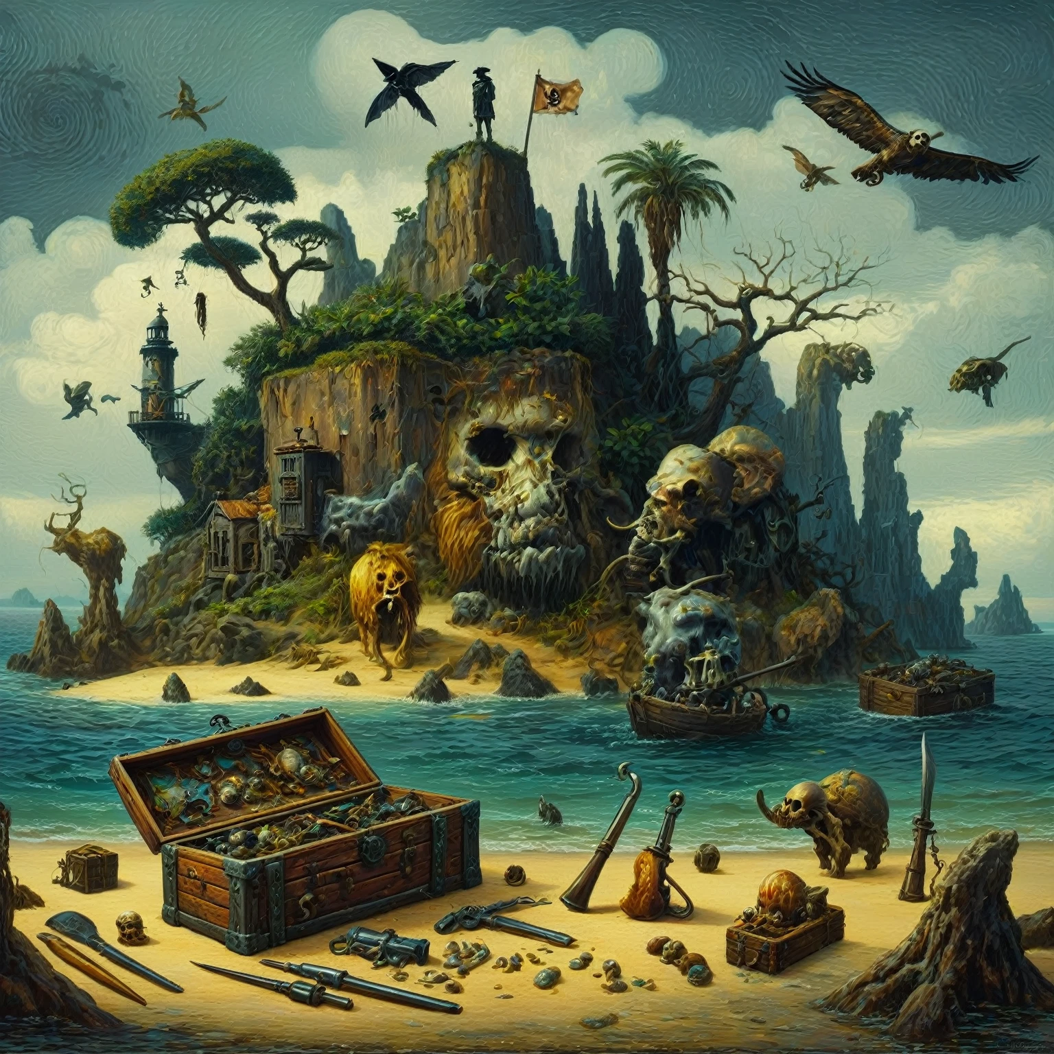 painting of a pirate island with a treasure chest and a skull, epic surrealism 8k oil painting, 4 k surrealism, SurrealArtista, SurrealArt, fantasy artistic painting, fantasy surrealism, skull island, mysterious Island, surreal oil painting, epic mysterious surrealism, epic surrealism, surrealistic painting, illusion SurrealArt, surrealistic painting, SurrealArt e fantasia, First work Surrealism