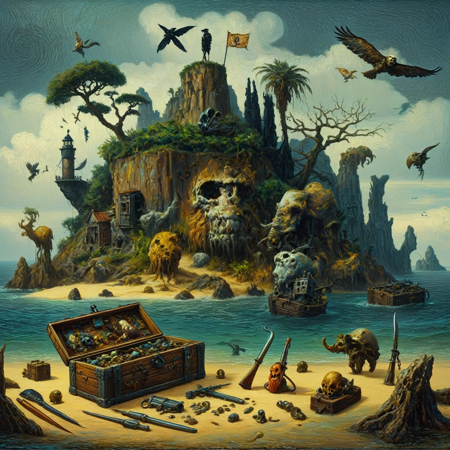 painting of a pirate island with a treasure chest and a skull, epic surrealism 8k oil painting, 4 k surrealism, SurrealArtista, SurrealArt, fantasy artistic painting, fantasy surrealism, skull island, mysterious Island, surreal oil painting, epic mysterious surrealism, epic surrealism, surrealistic painting, illusion SurrealArt, surrealistic painting, SurrealArt e fantasia, First work Surrealism