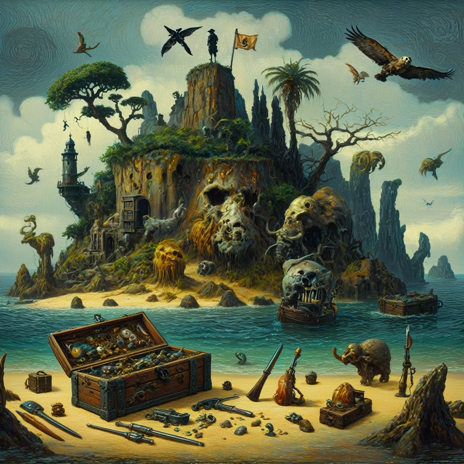 painting of a pirate island with a treasure chest and a skull, epic surrealism 8k oil painting, 4 k surrealism, SurrealArtista, SurrealArt, fantasy artistic painting, fantasy surrealism, skull island, mysterious Island, surreal oil painting, epic mysterious surrealism, epic surrealism, surrealistic painting, illusion SurrealArt, surrealistic painting, SurrealArt e fantasia, First work Surrealism